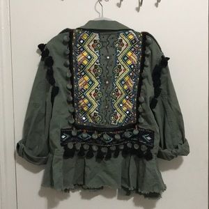 Zara Embroidered Green Military Cropped Jacket